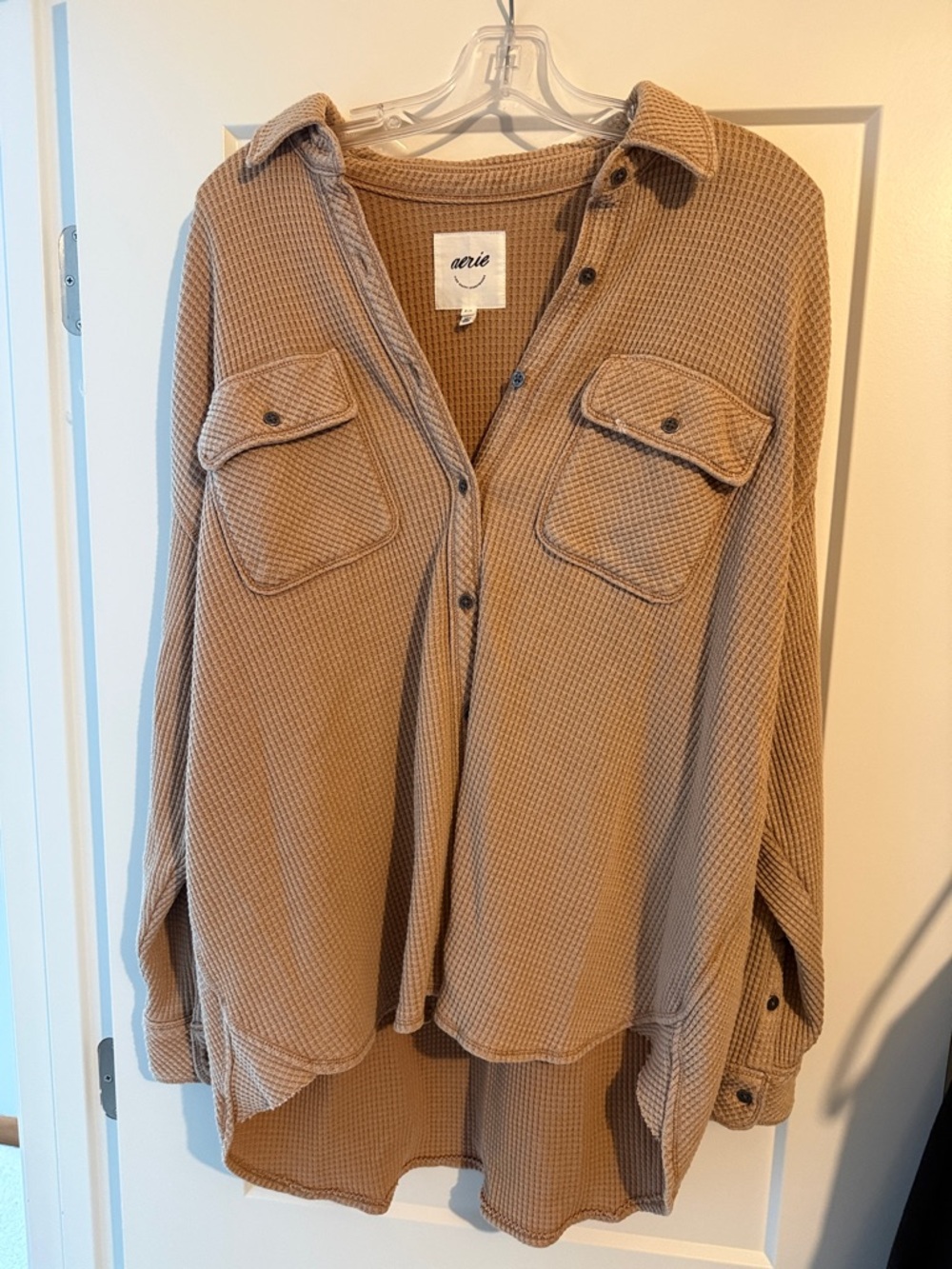 aerie Camel Waffle-Knit Button-Up Shirt Jacket